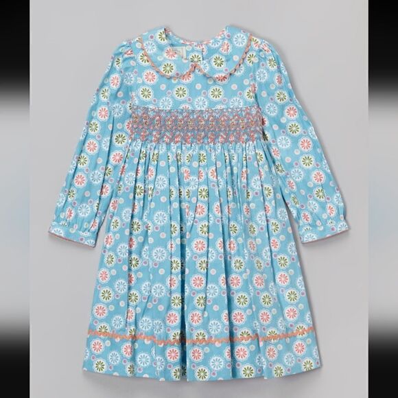 Marmellata Blue Floral Hand-Smocked A-Line Longsleeve Dress - Girls 5 - Picture 1 of 13